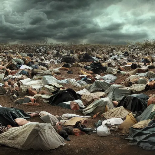 Prompt: Digital art, trending on Artstation, The coming climate change migrant crisis where bodies of hundreds will pile up outside fortified walls to maintain a quality of life for those who can survive the severe and dreadful weather patterns, dystopian, octane render, pbr render, highly detailed, tilt shift background, wide depth of field, 8k, 35mm film grain