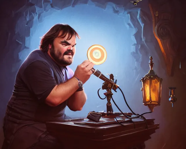 Image similar to photography of jack black singing the best song in the world in a microphone, deep focus, d & d, fantasy, intricate, elegant, highly detailed, digital painting, artstation, concept art, matte, sharp focus, illustration, hearthstone, art by artgerm and greg rutkowski and alphonse mucha