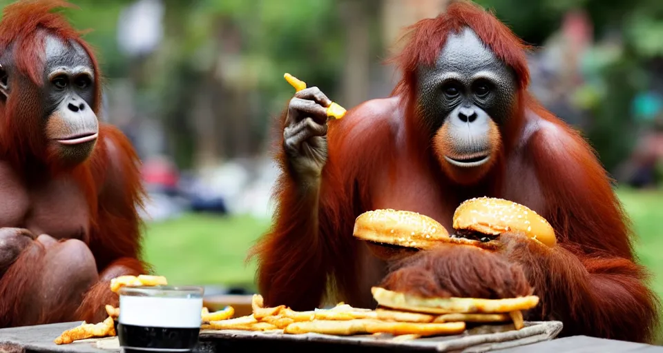 Image similar to an orangutan holding a burger in one hand and a drink in the other