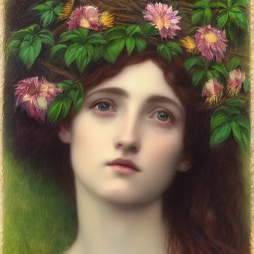 Image similar to Beautiful Pre-Raphaelite goddess of nature holding a little bird, in the style of John William Godward and Anna Dittman, close-up portrait, head in focus, flowers and plants, etheric, moody, intricate, mystical,