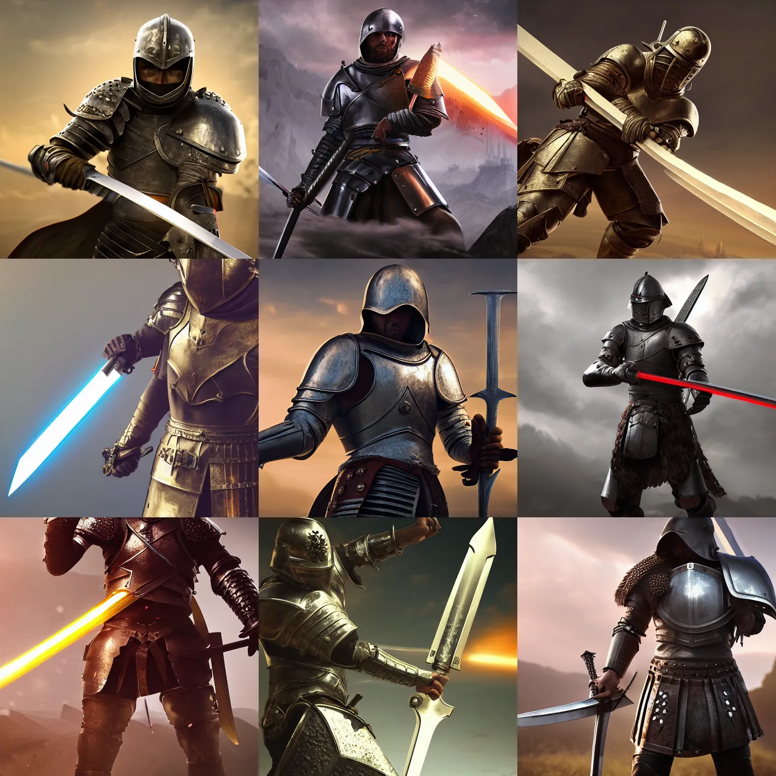 Prompt: medieval warrior wielding a technological sword with armor on, cinematic composition, realistic, highly detailed, hyper realistic, super detailed, 8 k, unreal engine