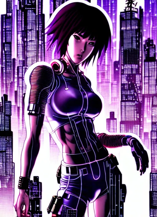 Image similar to motoko kusanagi in grungy cyberpunk megacity, intricate and finely detailed, cyberpunk vaporwave, portrait by j scott campbell, phil jimenez, ilya kuvshinov