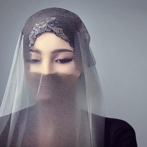 Prompt: A beautiful woman with a veil covering her face