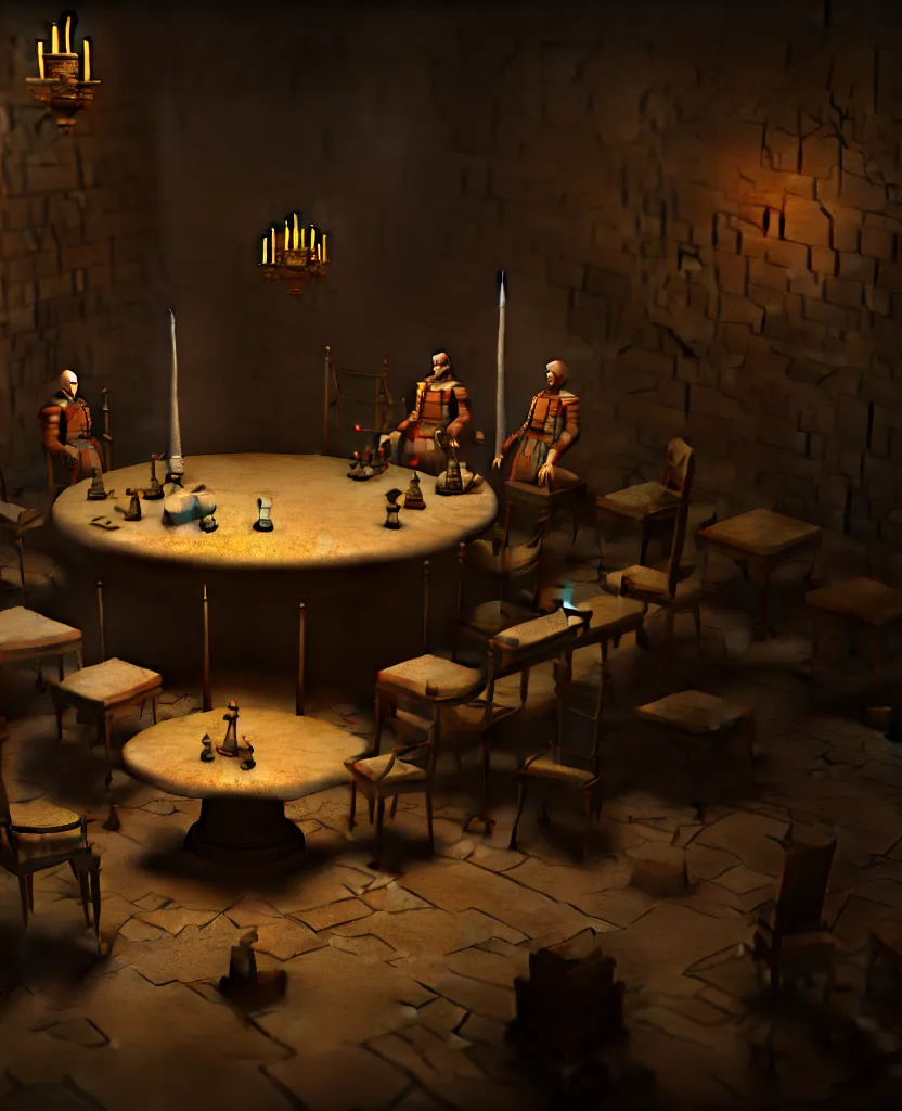 Image similar to the forbidden underground meetings of the traitors, a dimly lit stone room, a single table, some old chairs, all traitors are debating how to kill the king, cinematic landscape, betrayal in the air, octane render, artstation