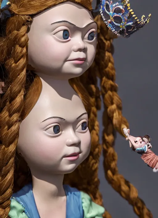 Image similar to closeup face profile portrait of greta thunberg as a tin toy fairytale princess wearing a crown eating cakes, bikini, depth of field, zeiss lens, fashion photoshoot, by nicoletta ceccoli, mark ryden, lostfish, dan decarlo, bob clampett, max fleischer, breathtaking, detailed, hyperrealistic, octane render