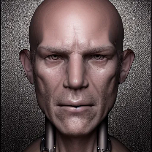 Prompt: portrait of a man with a robotic face,digital art,hyperdetailed,detailed face,photorealistic,professional lighting,studio camera,50mm lens,art by trevor henderson,artstation,deviantart