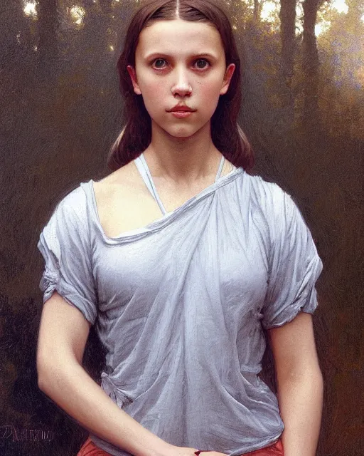 Image similar to a realistic oil painting of a girl resembling alicia vikander or millie bobby brown in an oversize t - shirt, highly detailed, intricate, artstation, by donato giancola and william adolphe bouguereau