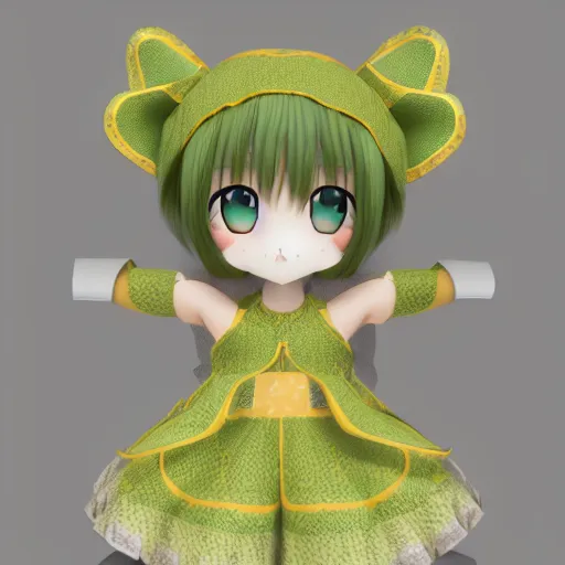 Prompt: cute fumo plush of a girl in a green and gold patterned dress, stylized material bssrdf, cel shading, vray, anime girl