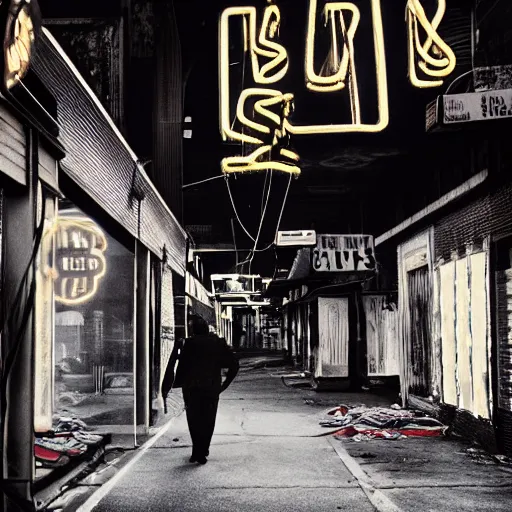 Image similar to thin clouds of colored smoke whip and swirl around a tall, thin man as he walks down the lonely street of abandoned neon - lit storefronts