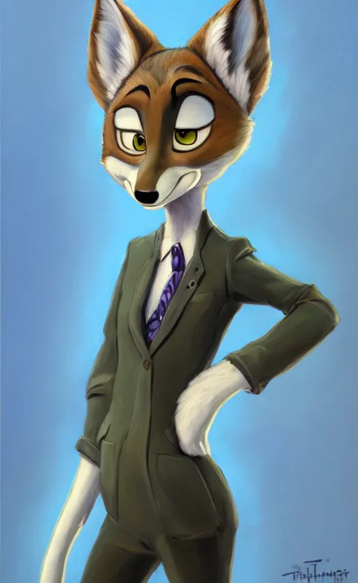 Image similar to oil painting of detailed full body of anthromorphic female wolf, in style of zootopia, zootopia, zootopia, fursona, furry, furaffinity, 4 k, deviantart, furry art, fursona art, wearing black business suit, business suit, in style of zootopia, wolf fursona, cyberpunk, female, expressive detailed feminine face,