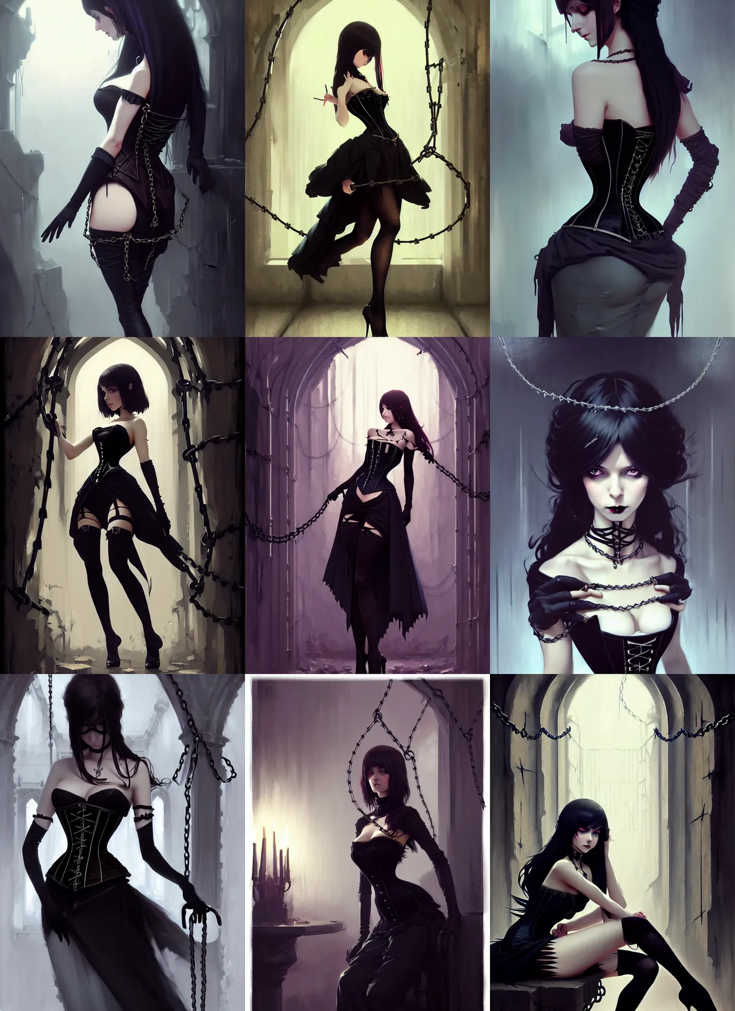 Image similar to an elegant beautiful gothic princess, bound by chains and barbed wire in a dungeon, very tight corset, high heels, full body, style of ilya kuvshinov, greg rutkowski, anna dittmann, masterpiece, very high quality, dark, intricate, high resolution