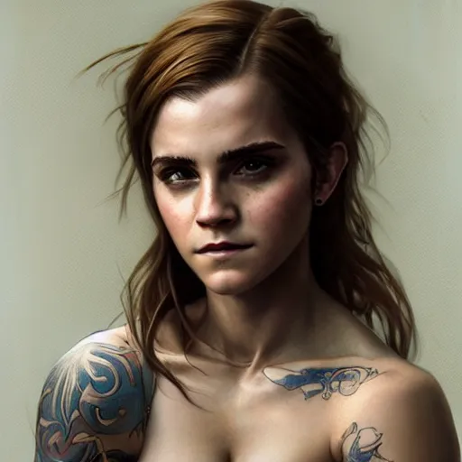 Image similar to portrait painting of a muscular emma watson, tattoo, ultra realistic, concept art, intricate details, eerie, highly detailed, photorealistic, octane render, 8 k, unreal engine. art by artgerm and greg rutkowski and alphonse mucha