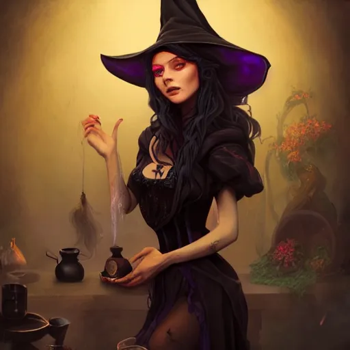 Image similar to portrait of a beautiful witch in an smoky alchemy lab, long purple hair, tightly fitting black ornate dress and black witch hat, in the style of peter mohrbacher, artgerm, dramatic lighting and composition, octane render