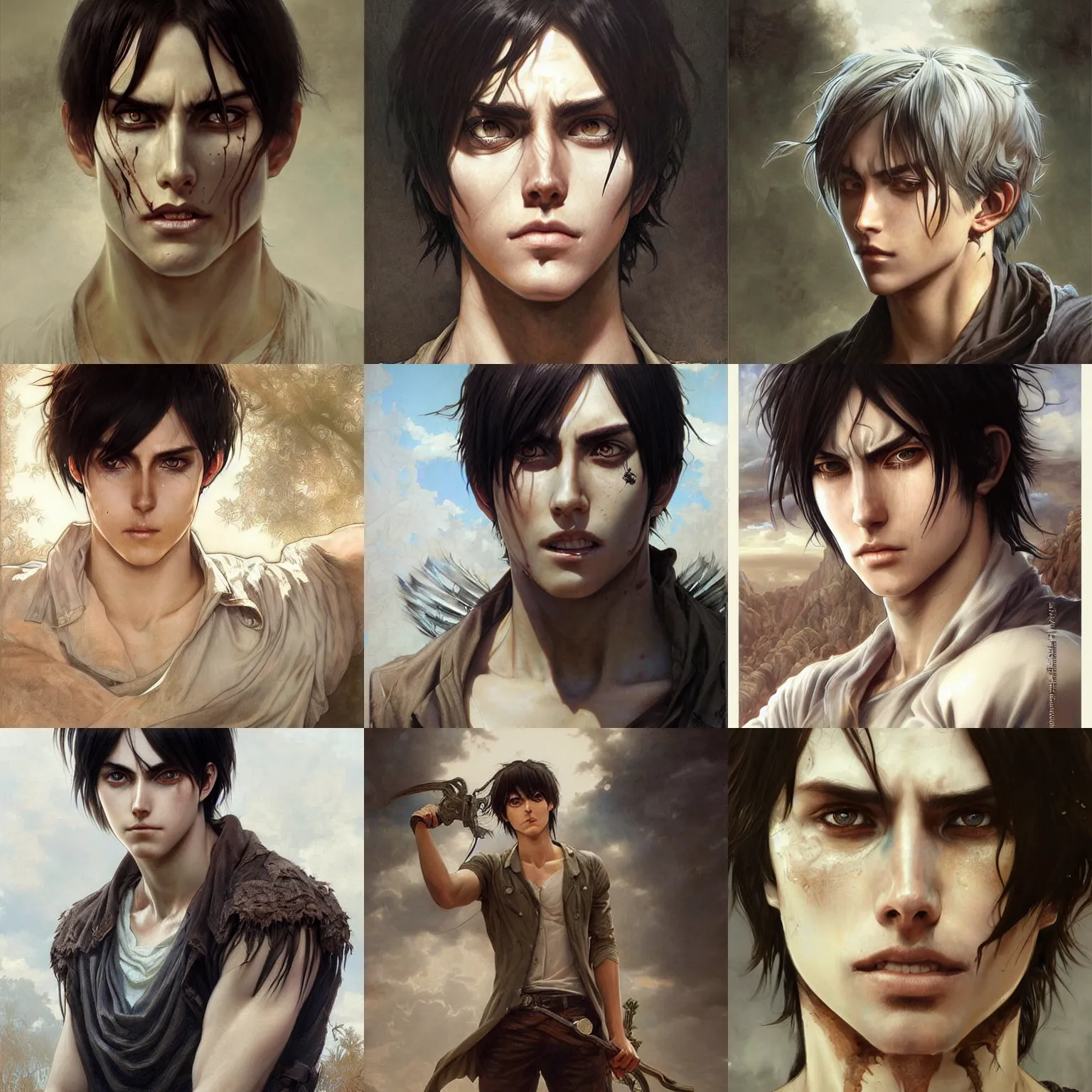 Prompt: a masterpiece portrait painting of eren yeager, ultra realistic, concept art, intricate details, eerie, highly detailed, photorealistic, art by artgerm and greg rutkowski and alphonse mucha
