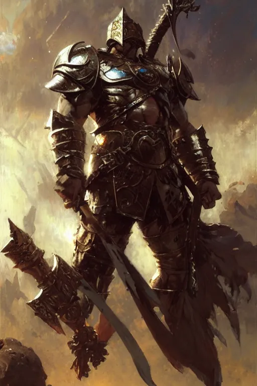 Prompt: towering metal armoured barbarian with two lightning hand axes, portrait dnd, painting by gaston bussiere, craig mullins, greg rutkowski, yoji shinkawa