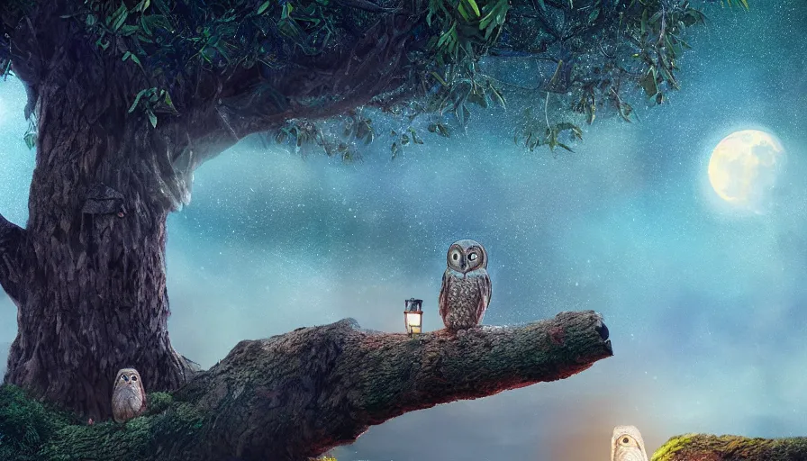 Prompt: very very small owl, sitting on a gigantic banyan tree in moonlit kerala by ilya kuvshinov, starry night, rtx rendering, octane render 1 2 8 k, maya, extreme high intricate details by tom bagshaw, medium shot, close up shot, composition by sana takeda, lighting by greg rutkowski