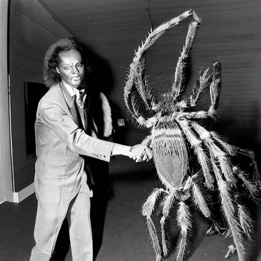 Image similar to miles davis shaking hands with a giant humanoid tarantula