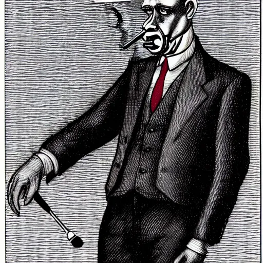 Image similar to an antropomorphic horse wearing a suit smoking a cigar