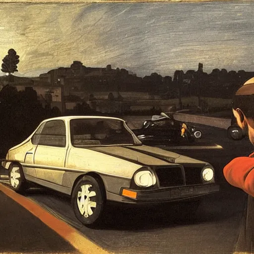 Image similar to a man in his car queuing in traffic at dusk, angry at other motorists, in the background the queue of cars, painted by caravaggio