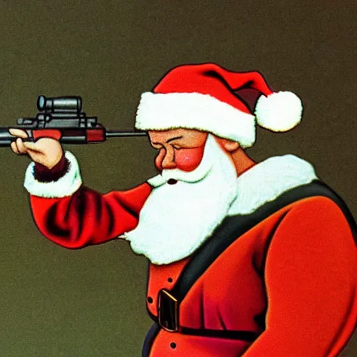Prompt: closeup of santa firing a sniper rifle, photorealistic, 1970s aesthetic, detailed