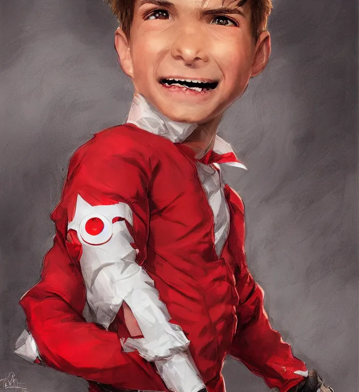 Image similar to medium shot, a boy with mildly dangerous looking eyes with smile with red suit on, very detailed, digital art, concept art, studio quality, fantasy, art style by J. C. Leyendecker