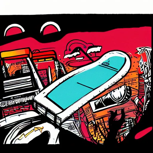 Prompt: illustration of eighties skateboard by powell-perralta