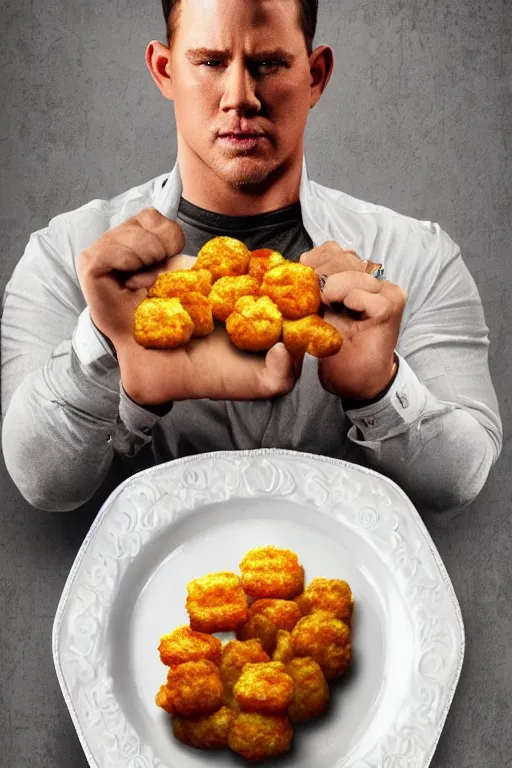 Image similar to a big tater tot on a plate with channing tatum face, intricate, 8 k highly professionally detailed, hdr, cgsociety