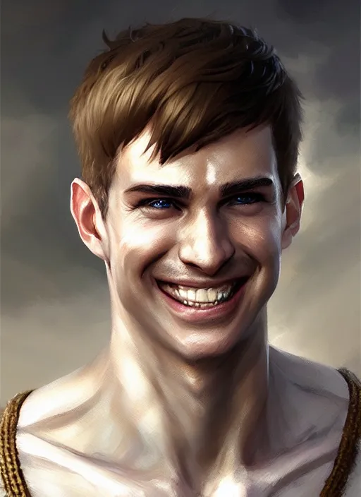 Image similar to a _ fantasy _ style _ portrait _ painting _ of white male short fringe light brown hair short face grinning clean shaven short head, rpg dnd oil _ painting _ unreal _ 5 _ daz. _ rpg _ portrait _ extremely _ detailed _ artgerm _ greg _ rutkowski _ greg