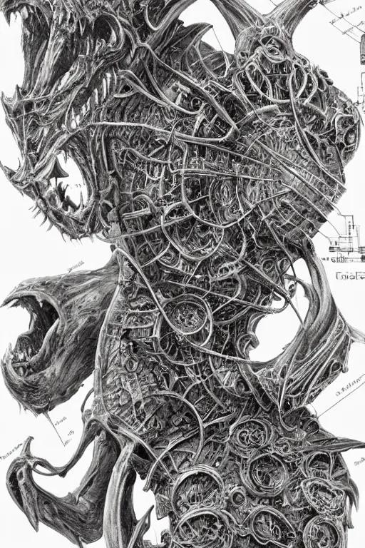 Image similar to A concept of a detailed and intricate design of a monster anatomy 3d design, great finesse organic hyper detailed, engineering blueprints, technical drawings, calculus, stained paper