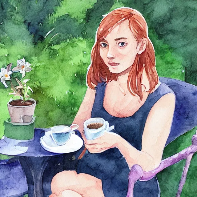 Image similar to laura virtanen drinking coffee in the garden. watercolor by the award - winning concept artist