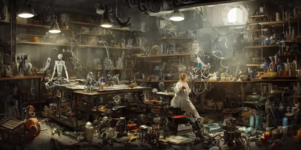 Image similar to an environmental concept art of a female scientist building a robot in a cluttered workshop, highly detailed, cinematic, dramatic lighting, close shot by francis tneh