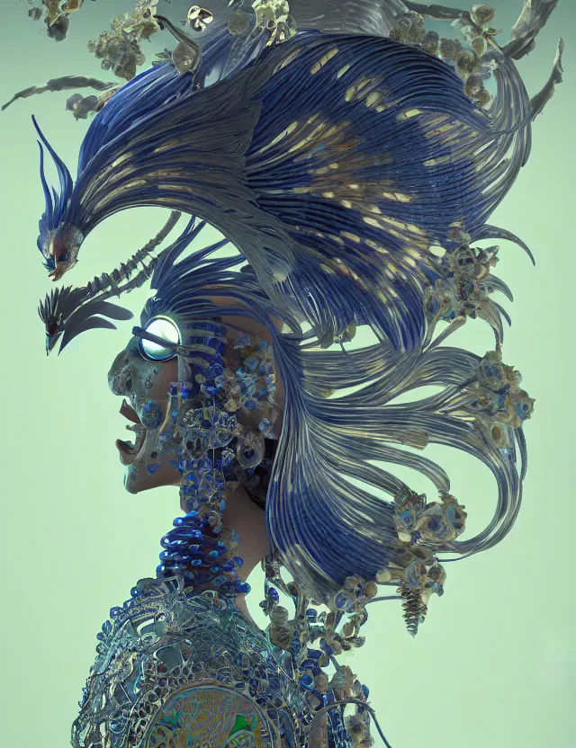 Image similar to 3 d goddess close - up profile solarpunk portrait ram skull. beautiful intricately detailed japanese crow kitsune mask and clasical japanese kimono. betta fish, jellyfish phoenix, bio luminescent, plasma, ice, water, wind, creature, artwork by tooth wu and wlop and beeple and greg rutkowski