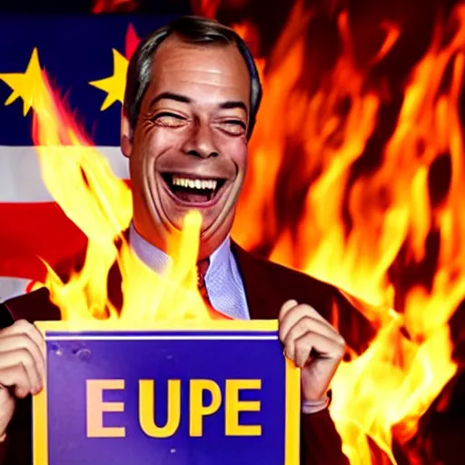 Image similar to nigel farage laughing holding burning eu flag, studio photograph, hd, studio