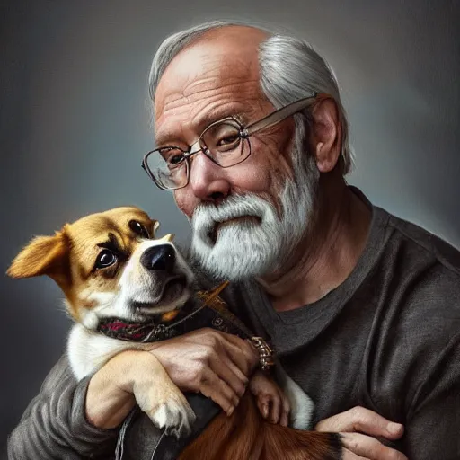 Image similar to portrait of a old, ruggedly handsome man holding a corgi dog, soft hair, muscular, half body, cloth, hairy, d & d, fantasy, intricate, elegant, highly detailed, digital painting, artstation, concept art, smooth, sharp focus, illustration, art by artgerm and greg rutkowski and alphonse mucha