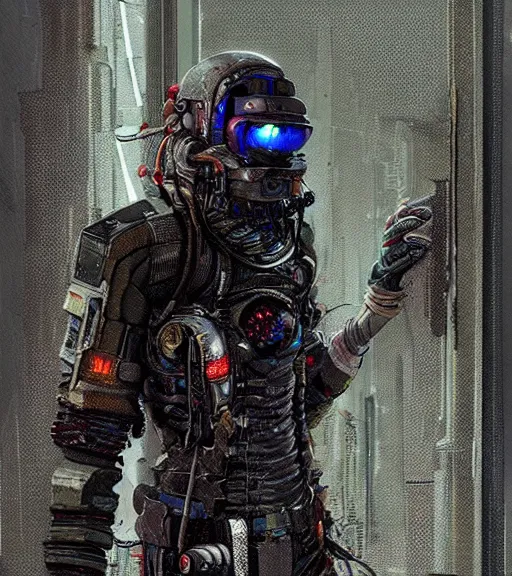 Prompt: realistic cyberpunk engineer with long limbs in a hallway, techwear, dead space, visible face, Industrial Scifi, detailed illustration, character portrait, by Ashley Wood and Moebius