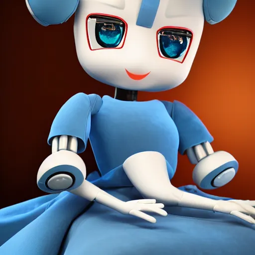 Prompt: cute fumo plush of a robot girl in a blue dress, velvet, vray