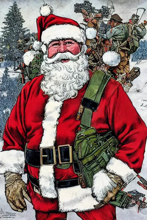 Prompt: concept of Santa Claus holding a M61 Vulcan and wearing an army harness vest full of pouches, by Geof Darrow and Simon Bisley, detailed, full body