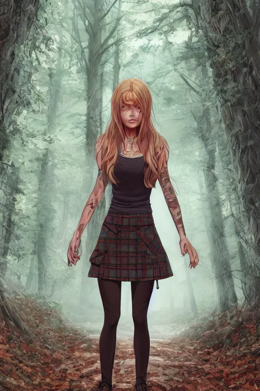 Image similar to woman in a dark forest, detailed plaid miniskirt, beautiful realistic face, detailed eyes, trending on artstation, by dan mumford, anime style, octane render, beautiful detailed body