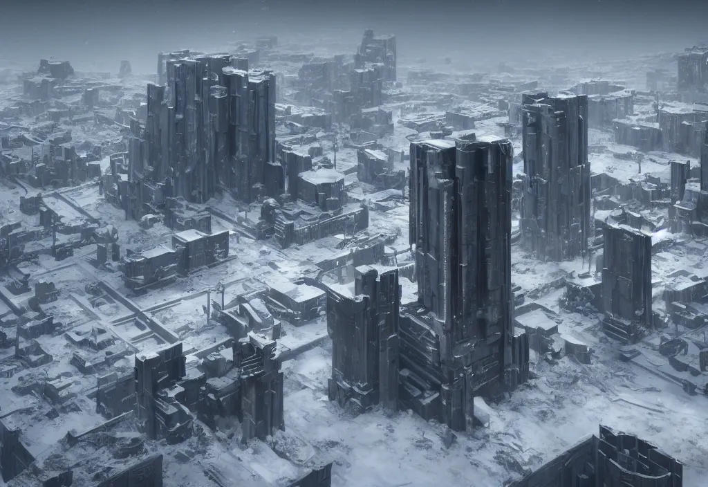 Prompt: Small brutalist modern concrete and metallic tower on a cold, snowy hill. Concept art, star citizen.