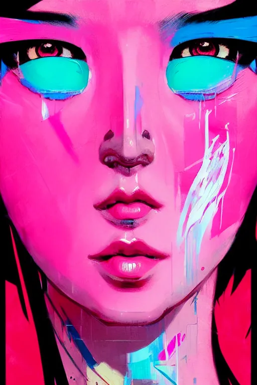 Image similar to portrait of a stylized japanese cyberpunk girl, painted in acrylic, pigment textures, in the colors hot pink and cyan, beautiful realistic face, rule of thirds, spotlight, by greg rutkowski, by jeremy mann, by francoise nielly, by van gogh, by ross tran, in focus