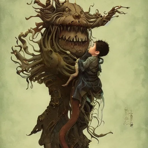 Image similar to a victorian monster standing over a sleeping child, illustrated by miyazaki by karol bak, james jean, tom bagshaw, rococo, sharp focus, trending on artstation, cinematic lighting