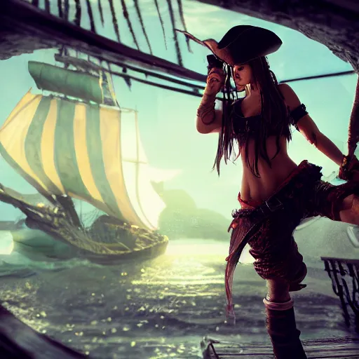 Prompt: full body pose, hyperrealistic photograph of a attractive pirate woman, dim volumetric lighting, 8 k, octane beautifully detailed render, extremely hyper detailed, intricate, epic composition, cinematic lighting, masterpiece, trending on artstation, very very detailed, stunning, hdr, smooth, sharp focus, high resolution, award, winning photo, dslr, 5 0 mm