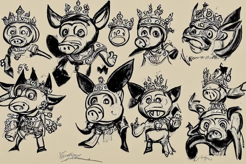 Prompt: concept sketches of a pig wearing a gold crown by jamie hewlett, in the style of megaman