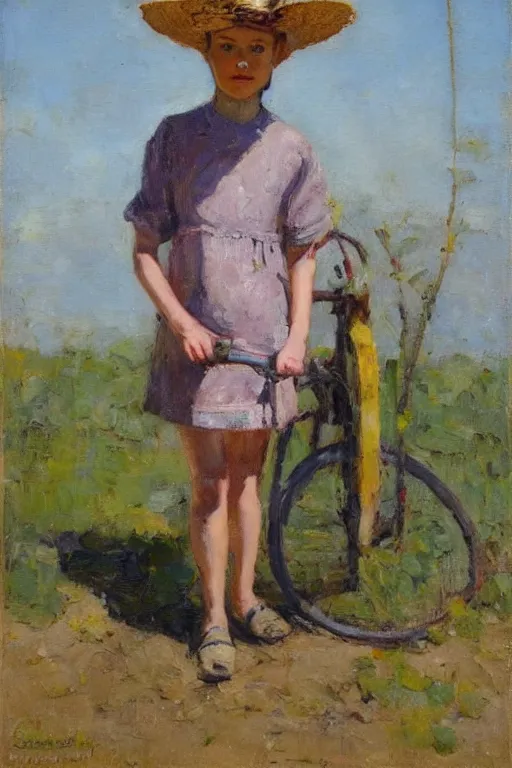 Prompt: girl with summerhat, standing next to bicycle, joseph todorovitch