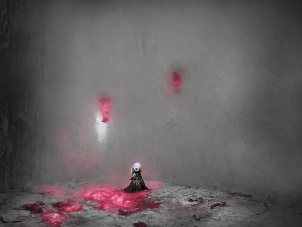 Image similar to cute fumo plush girl ghost lingering in a mysterious concrete wartorn brutalist ruin infected by strands of red parasitic fungus, chibi gothic maiden in tattered rags, dramatic three point lighting, glowing wisps of hazy red smoke and eerie volumetric fog swirling about, vray