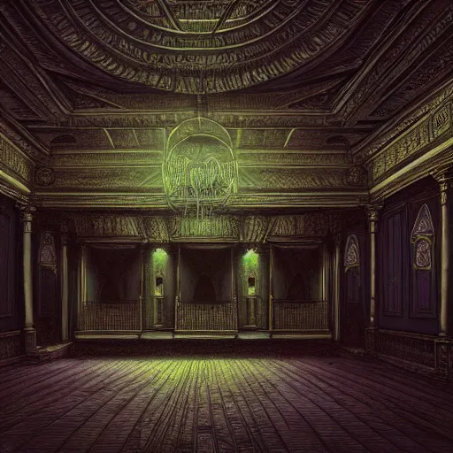 Image similar to Photorealistic Haunted Ballroom in the style of Michael Whelan and Gustave Dore. Hyperdetailed photorealism, 108 megapixels, amazing depth, glowing rich colors, powerful imagery, psychedelic Overtones, 3D finalrender, 3d shading, cinematic lighting, artstation concept art