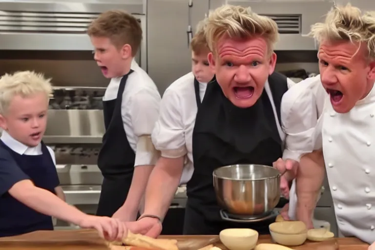 Image similar to Gordon Ramsay screaming at young children as they cook beef wellington, photo, 4K