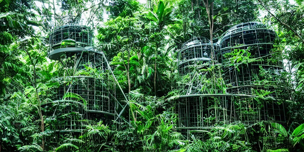 Image similar to futuristic metal structure in lush jungle, highly detailed