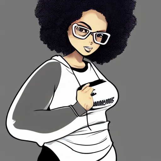 Prompt: a very beautiful curvy!!, sexy girl with dark complexion, long, curly, afro hair, stylistic oval black eyes, half - frame square glasses, grey hoodie opened, white tank top, white gloves, denim jeans, character art, digital art, cartoon network, cel shaded, character art