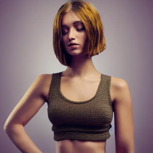 Prompt: Caucasian female model with short hair wearing a crocheted croptop, digital painting, side profile, HD, dramatic lighting, highly detailed